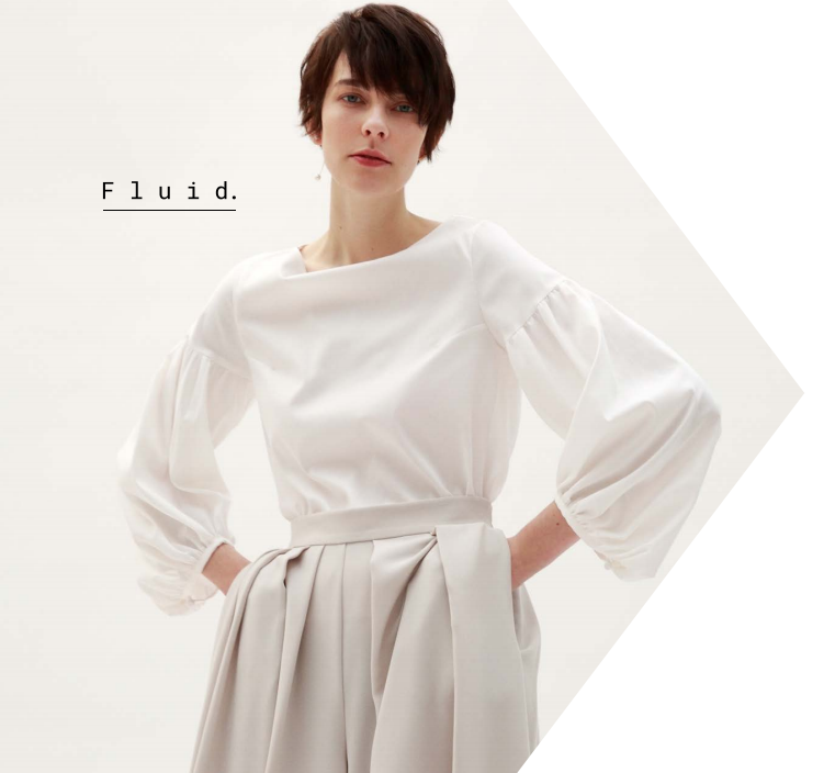 ヨーロッパ、日本の都会に住む大人の女性のための日常着がコンセプトのFluid.は上質でシンプルな女性らしいデザインが特徴。