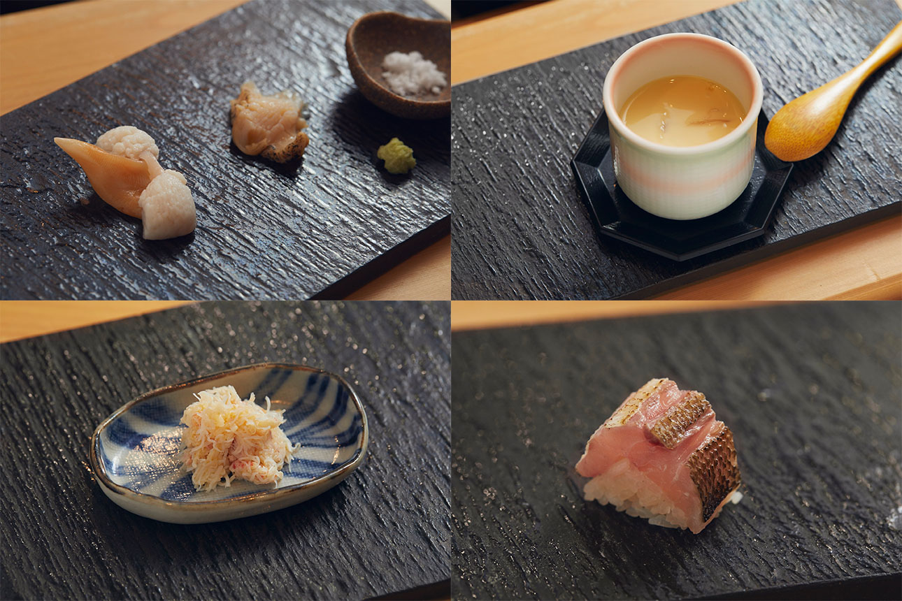 左上：ツブ貝とイシカゲ貝、右上：蛤の茶碗蒸し、左下：毛蟹、右下：カマスの棒寿司