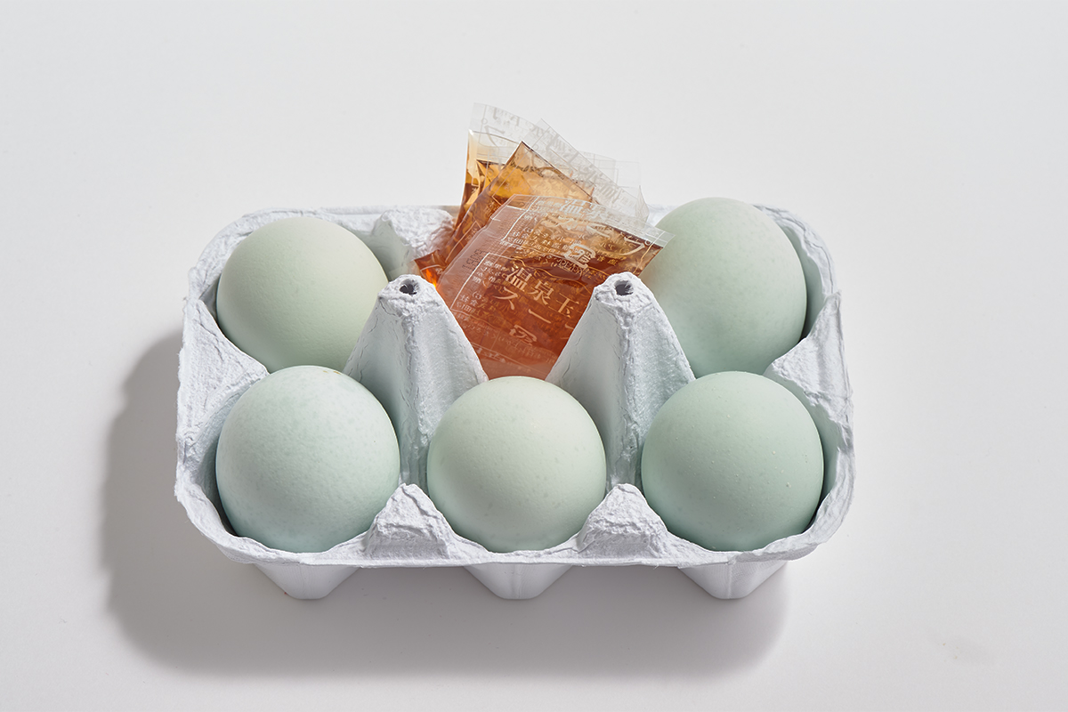 「緑の一番星温泉卵」5個入り×3パック 専用タレ付き2,160円（税込）