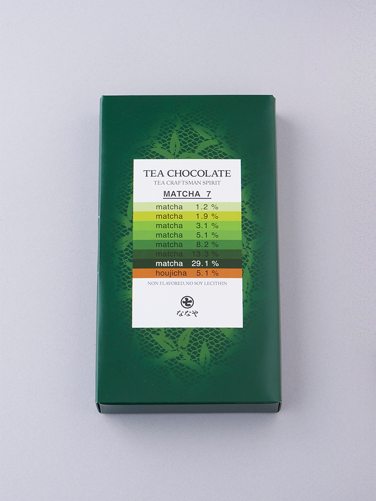 1.2％から29.1％まで濃度が段階的に異なる抹茶7種とほうじ茶の8種各4個入り1,000円。