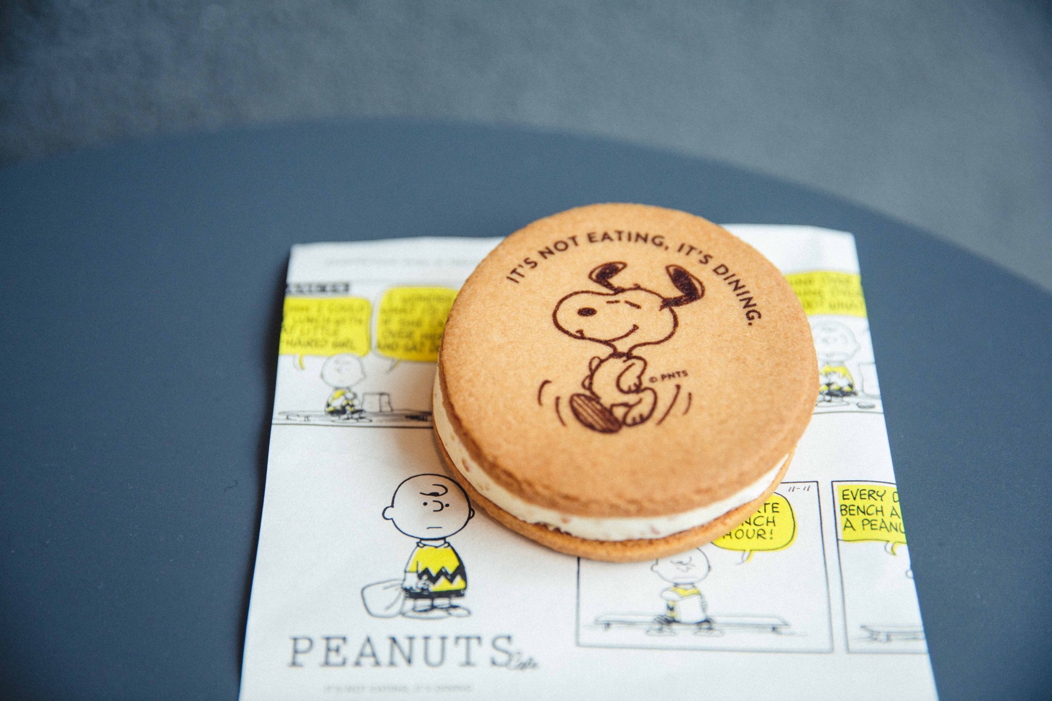 © 2019 Peanuts Worldwide LLC　カフェの一番人気はピーナッツバターを練り込んだアイスサンドクッキー630円