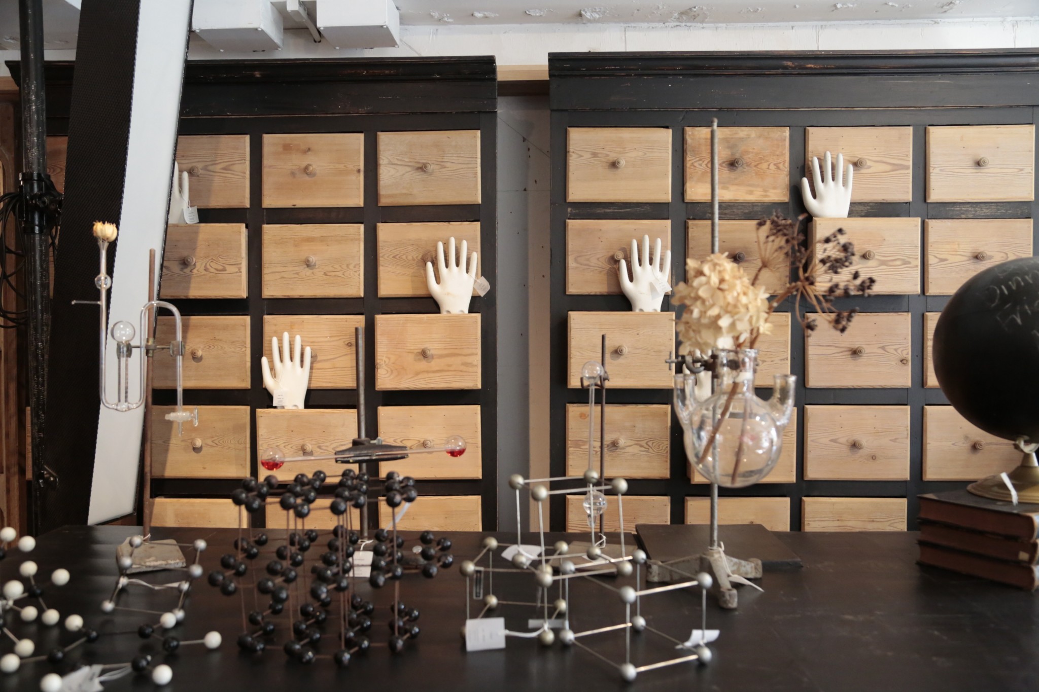 理科の実験室で使われていたような模型やフラスコ、ビーカーなどが並ぶ。実験用ビーカーは花瓶として活用するなど、生活への取り入れ方を提案。