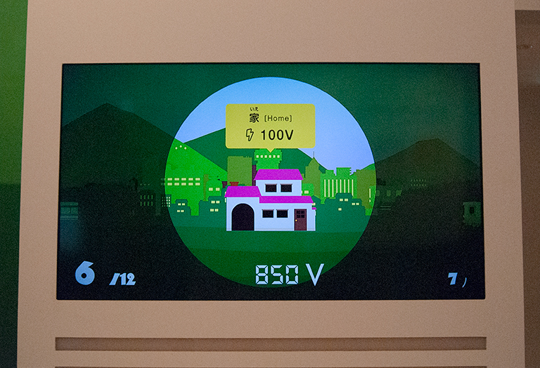 家に配る電気の大きさは100V。手元のボタンで電気の大きさを変えます。