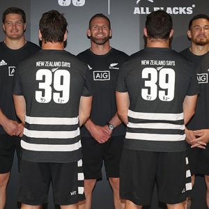 KASHIWANOHA, JAPAN - SEPTEMBER 12: (L-R) Ben Smith, Ofa Tuungafasi, Scott Barrett,  Matt Todd, Kieran Read, Liam Coltman, Sonny Bill Williams, Dane Coles and Ardie Savea of the All Blacks launch a gesture of gratitude to the Japanese people on September 12, 2019 in Kashiwanoha, Japan. In Japanese, ‘39’ means ‘San Kyu’ and on behalf of New Zealand we say ‘Thank You’ for hosting us.  (Photo by Hannah Peters/Getty Images for Tourism NZ)
