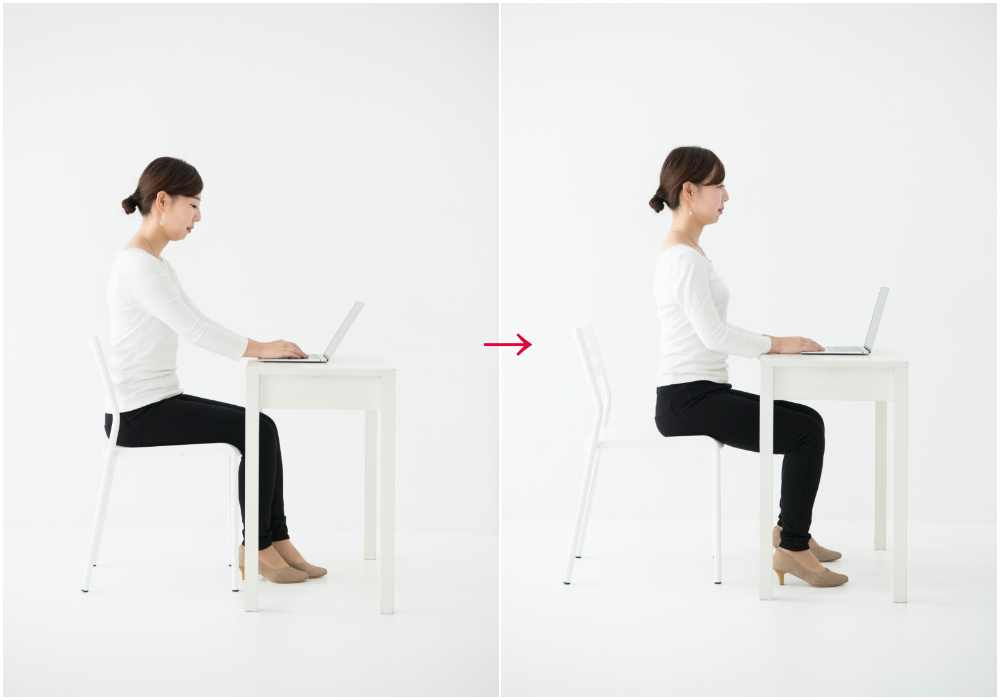 左：講習前の姿勢。肩が前に下がって、首が疲れそう。→右：骨盤が立って、美しい姿勢に。この時の目線に合わせ、パソコンの画面を高い位置にするのが理想。