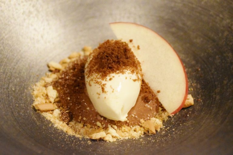 ガトーショコラにクッキーを散らしてりんごを添えた「チョコレートと林檎」。 DSC_0119