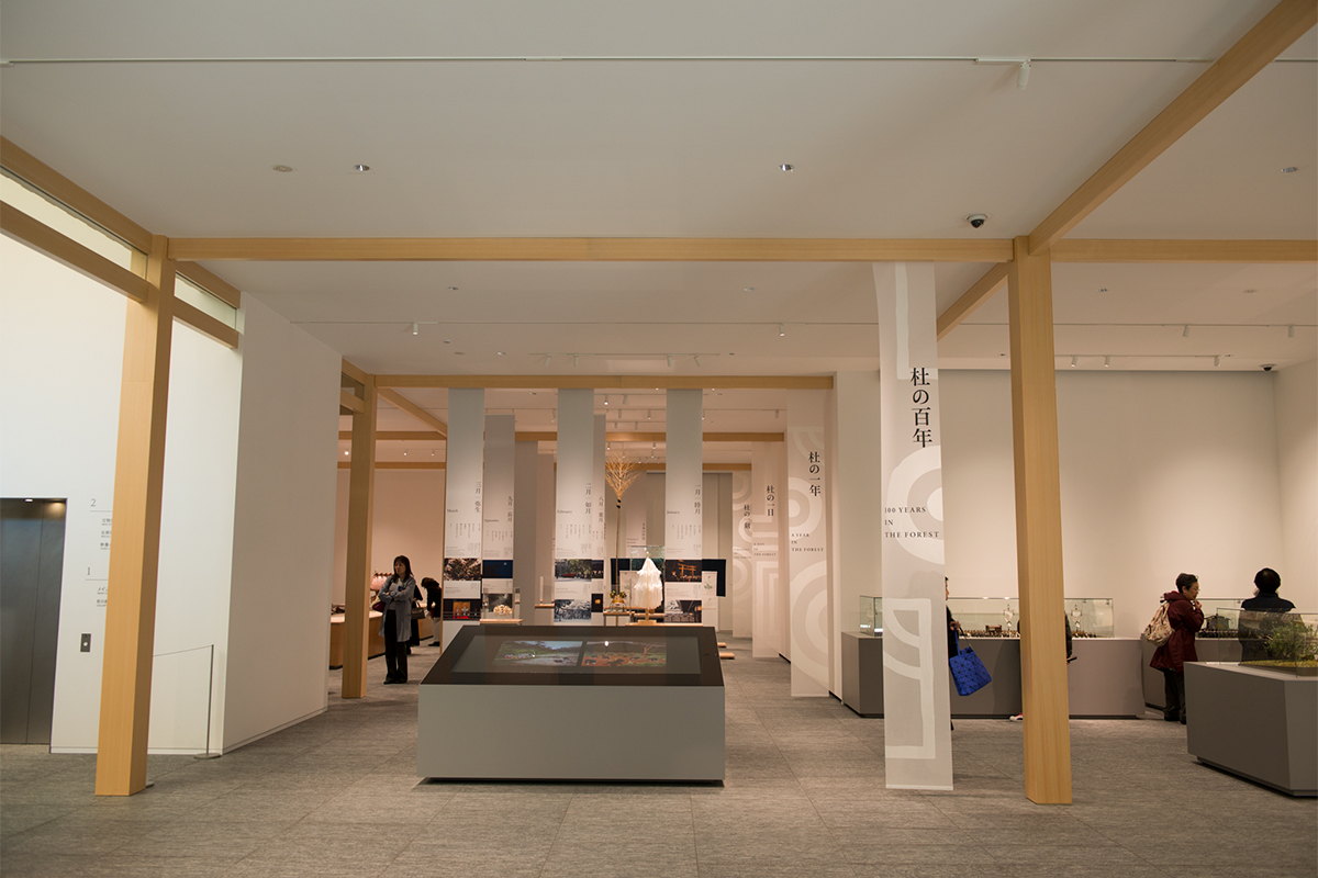 1階「杜の展示室」では明治神宮の歴史や日々の営みをわかりやすく展示。