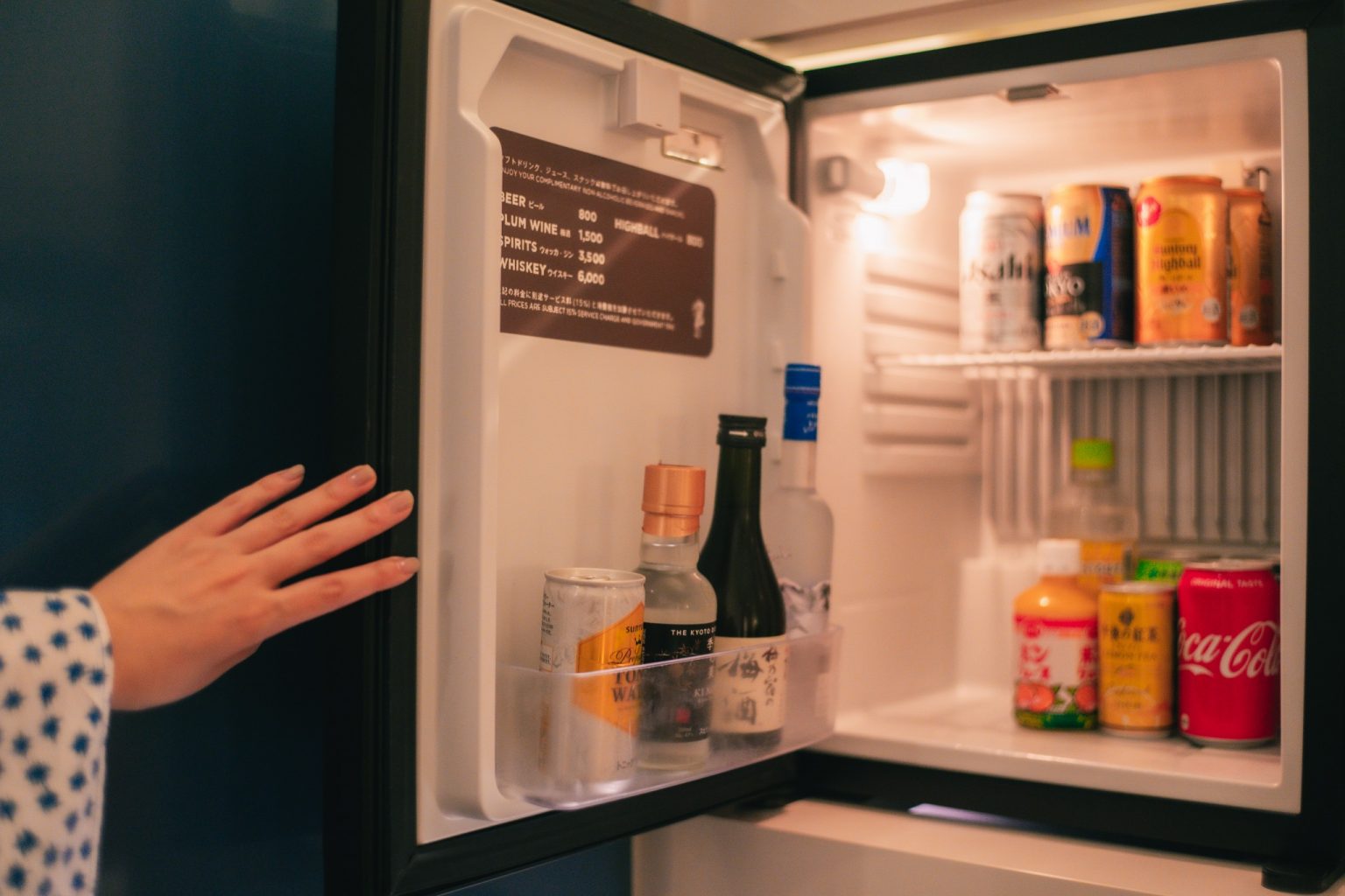 冷蔵庫の中のソフトドリンクやスナックは全て無料で楽しめちゃう。