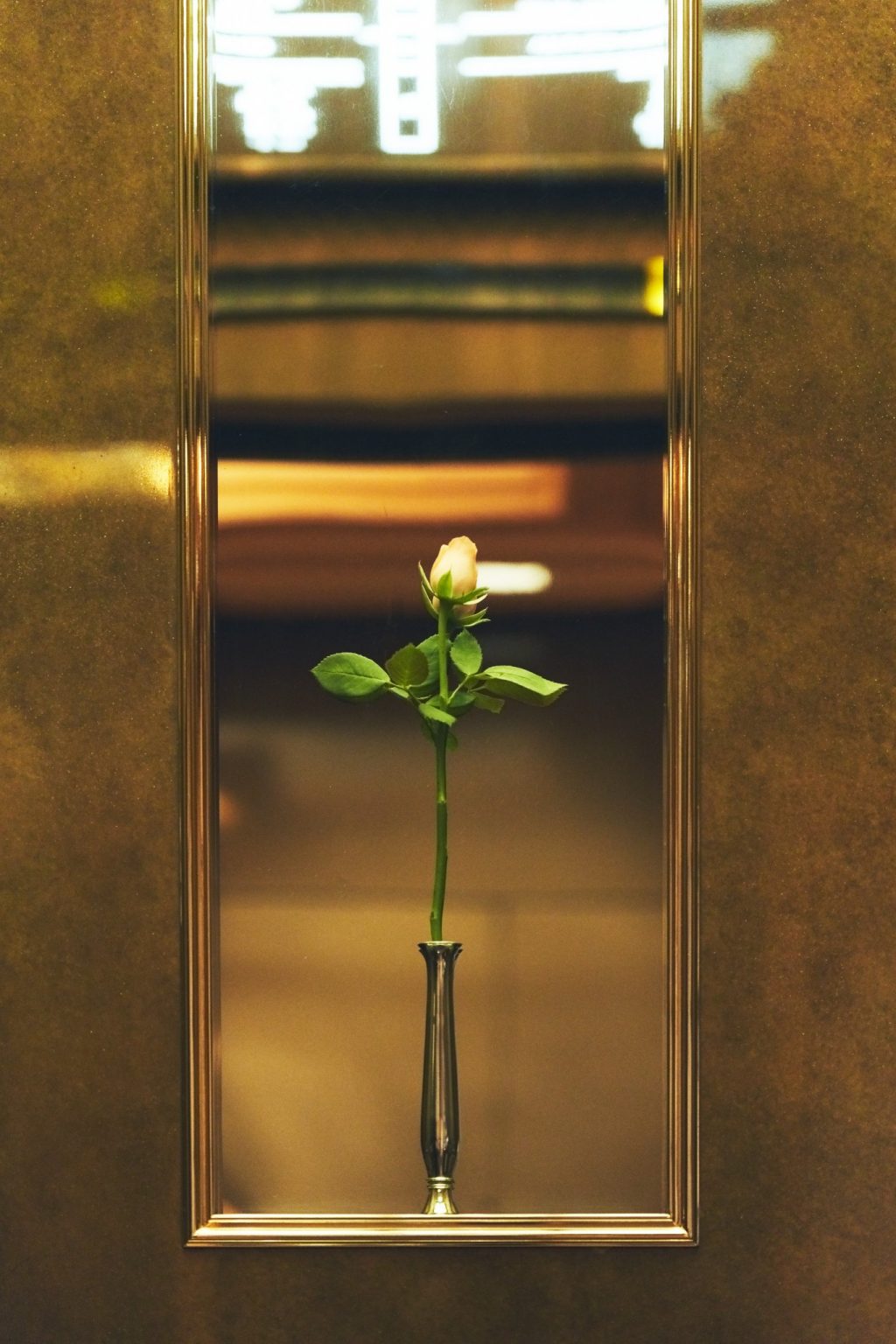 エレベーター内に飾られるピンク色の一輪のバラ。1日3回の水やりなどエレベーター専任スタッフ・スターターの細やかな仕事により、可憐な開き具合を保つ。ホテル内で使う花はすべて生花であり、少しでも傷んだら交換。
