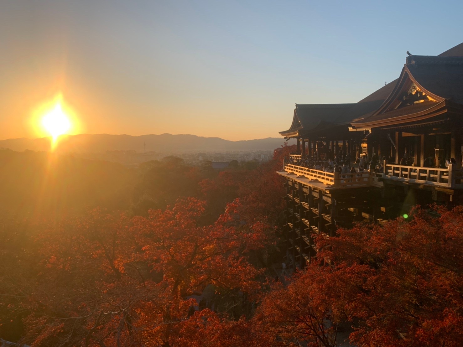 清水寺と紅葉と夕日。心が洗われました。