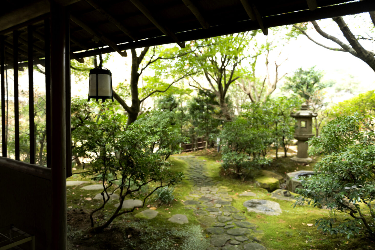 写経場から望める静謐な庭は四季折々の景色が堪能できる。