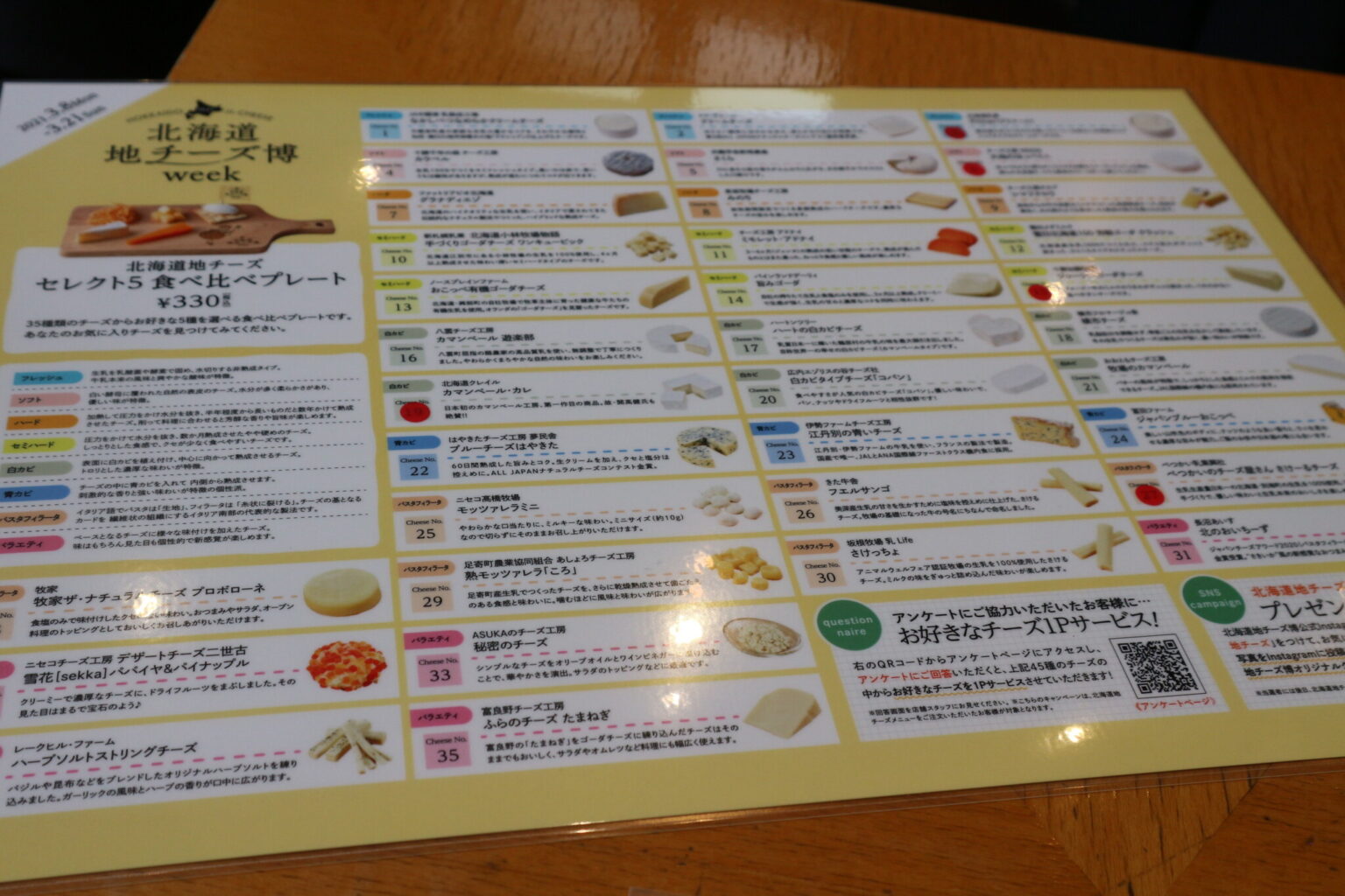 テーブルには、35種類のチーズが載った一覧表がありました。