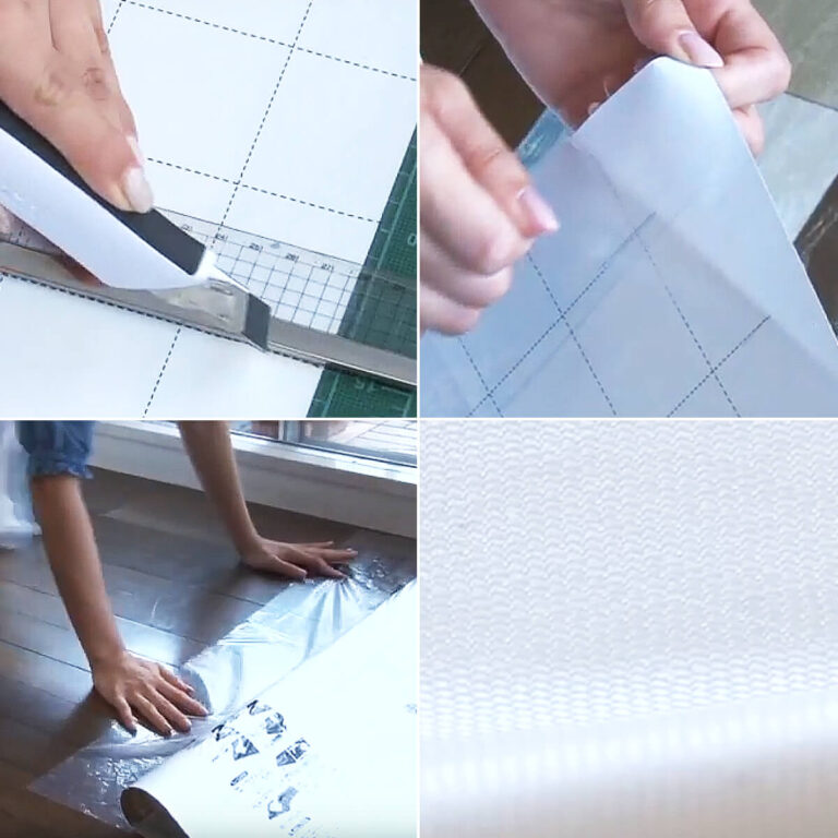 工程：裏面のはく離紙を10cm程度めくり、床面に合わせて貼り付けたら、はく離紙を引っ張り、空気を抜きながら全体を貼り付けていきます。