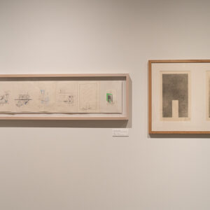 左：安藤忠雄『住吉の長屋のための習作』1975年から1997年に描かれた作品。右：安藤忠雄『住吉の長屋』1998年に刷られたシルクスクリーン作品。