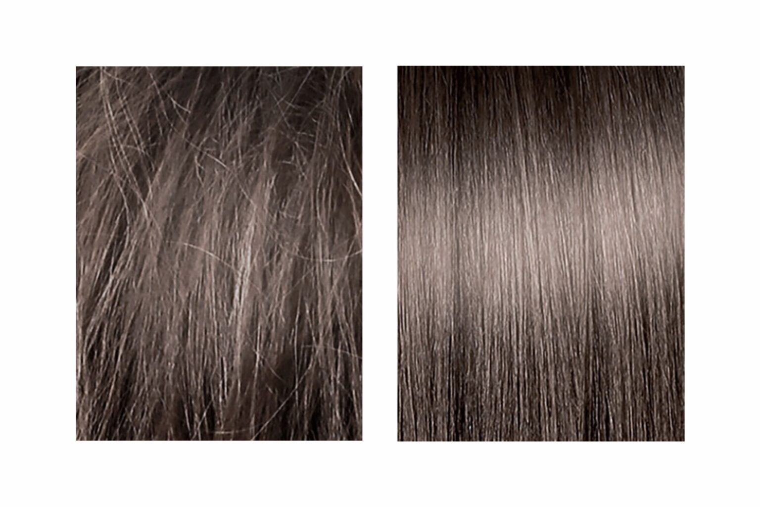 キメが整った髪の状態（右）とキメが整っていない髪の状態（左）のイメージ画像。髪のキメが整うだけで、まとまり感に圧倒的な差が。