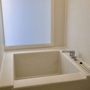 1ベッドルームの場合シャワールームにバスタブ付き。磨りガラスから光が差し込む造りになっている。