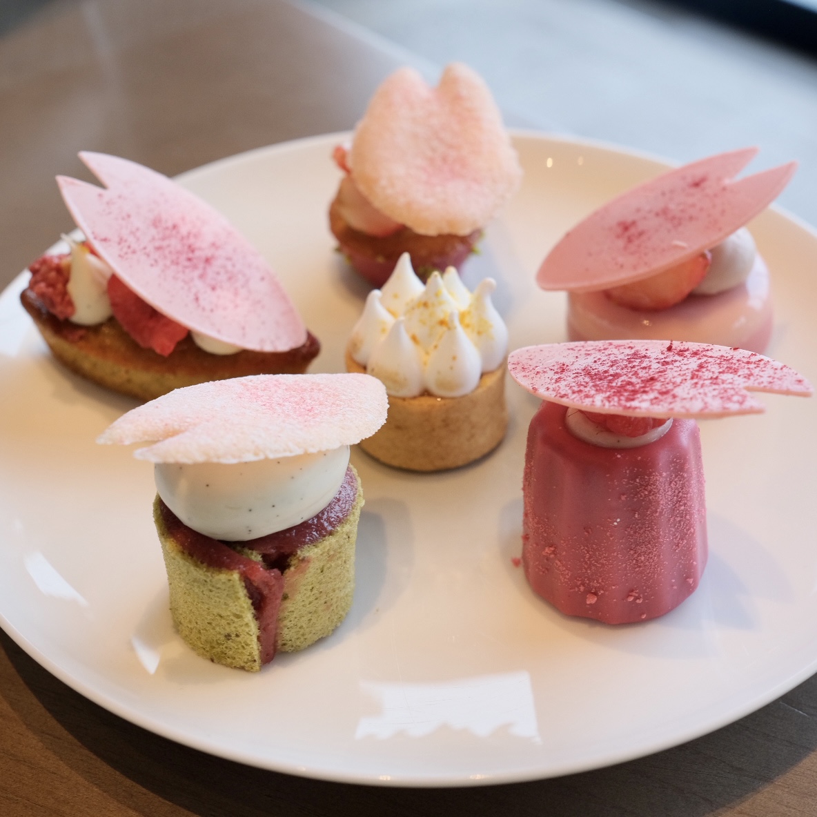 （写真手前左から右へ）「桜ロールケーキとチェリー」「ベリーライムムースケーキ」。