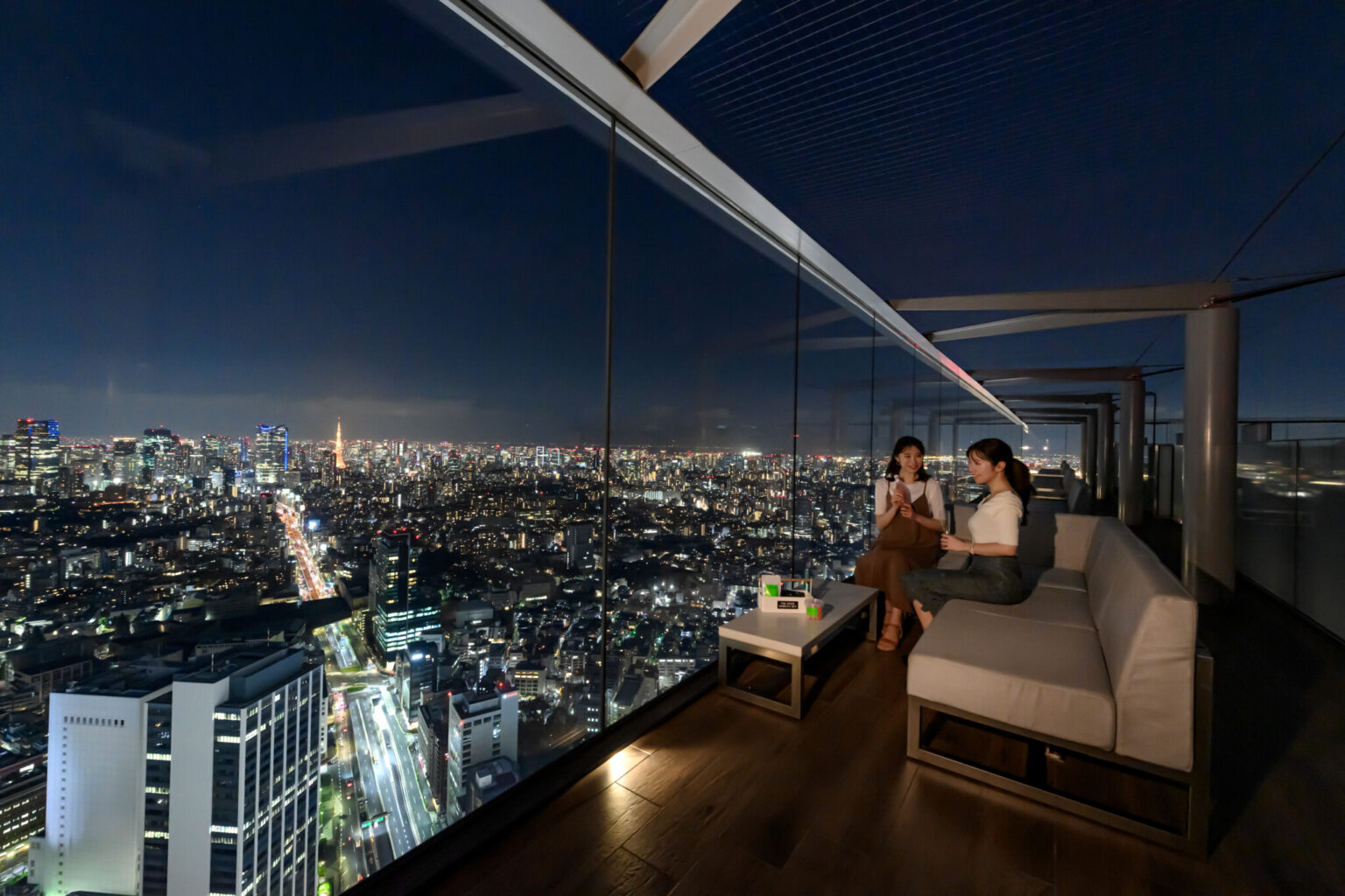 東京タワーや東京スカイツリー（R）が見えるソファ席。