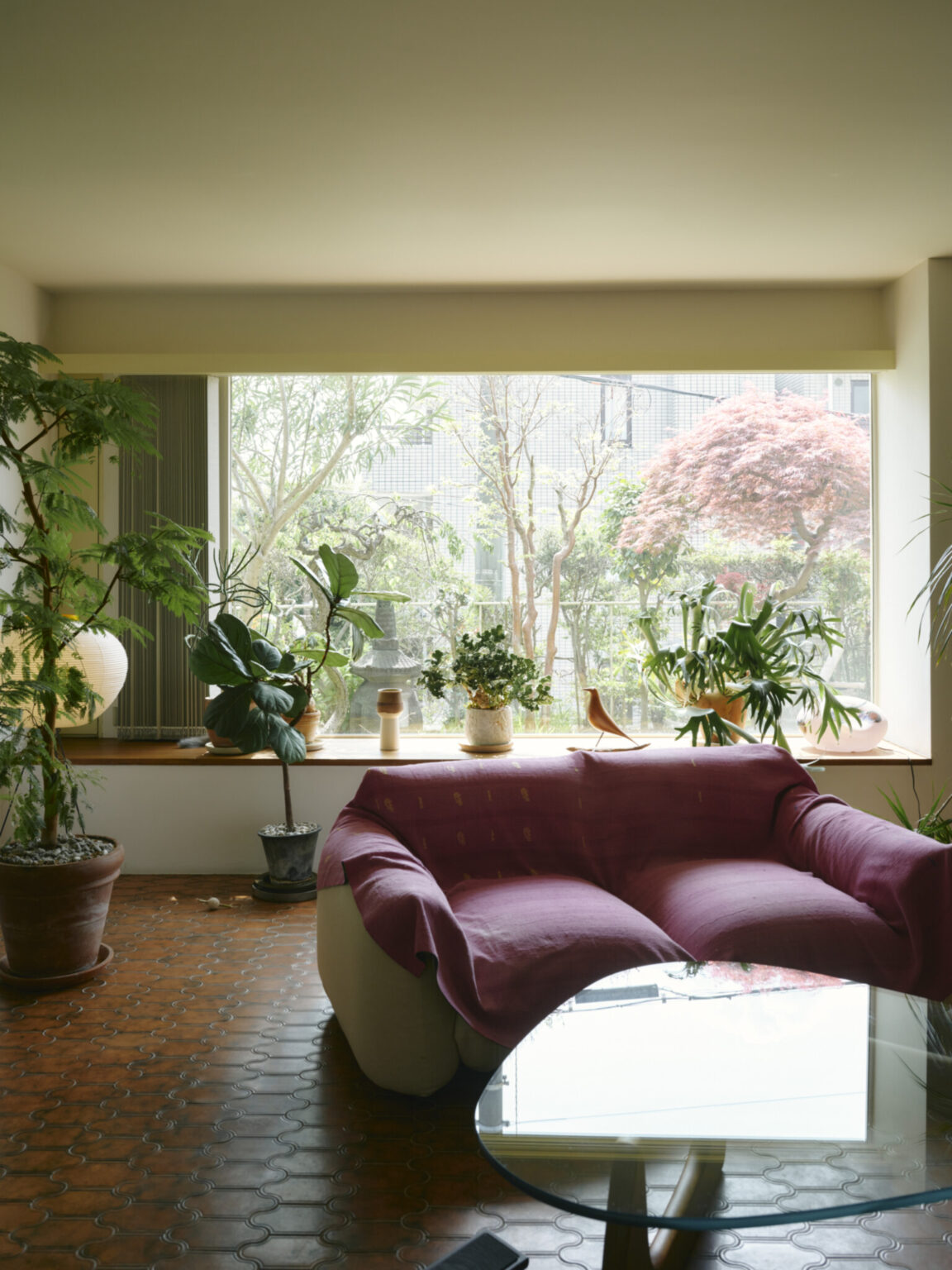 リビングの窓からは一日中日差しがよく入る。植物の緑が煉瓦色のタイルの床に映える。マレンコのソファに掛けている布は高知の〈海花布土木（はなふどき）〉で購入。落ち着いたピンクがインテリアのアクセント。