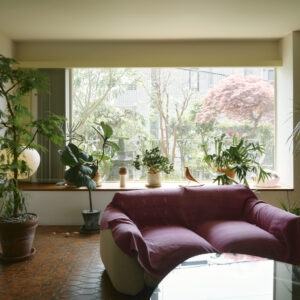 リビングの窓からは一日中日差しがよく入る。植物の緑が煉瓦色のタイルの床に映える。マレンコのソファに掛けている布は高知の〈海花布土木（はなふどき）〉で購入。落ち着いたピンクがインテリアのアクセント。