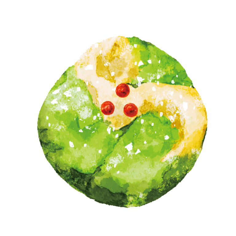 1月 藪柑子（やぶこうじ）／ねりきりお正月の縁起物「十両という植物がモチーフ。鮮やかな緑色の葉と赤い実が、色味の少ない冬の景色に彩りを添える。ねりきりは白のこし餡をベースとし、つなぎに山の芋を使用。