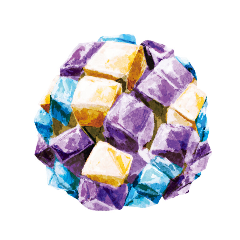 6月 よひら／ 錦玉羹（きんぎょくかん）
夏の和菓子に透明感を与えるのは錦玉羹。涼やかなキューブが、紫陽花を表現している。ちなみに「よひら」は夏の季語で、花びらが四片の紫陽花を指す。