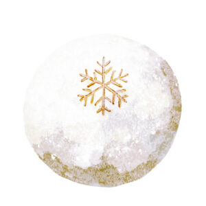 12月 風華（かざはな）／求肥
空に舞う雪の結晶を、「風の華」と表現する雅さよ。真っ白な求肥の生地に、雪の結晶のような「氷餅」がまぶされ、焼き印が。寒さの中にも、可憐に舞う美しい雪景色が広がる。