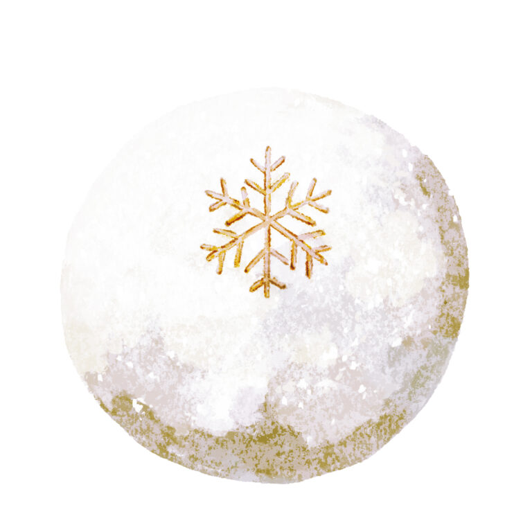 12月 風華（かざはな）／求肥空に舞う雪の結晶を、「風の華」と表現する雅さよ。真っ白な求肥の生地に、雪の結晶のような「氷餅」がまぶされ、焼き印が。寒さの中にも、可憐に舞う美しい雪景色が広がる。