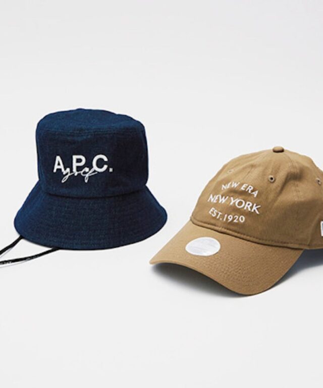 〈HAT & CAP〉
プレー中は、360度紫外線を浴びるため、日焼け対策は必須。また、風で髪が揺れ、スイングを邪魔することもあるので、帽子は必ず持参したい。トレンドのバケハもゴルフで使える。
右・4,400円（ニューエラ http://www.neweracap.jp/）／左・17,600円（A.P.C.GOLF
｜ア－・ペ－・セ－ カスタマーサービス TEL：0120-500-990）