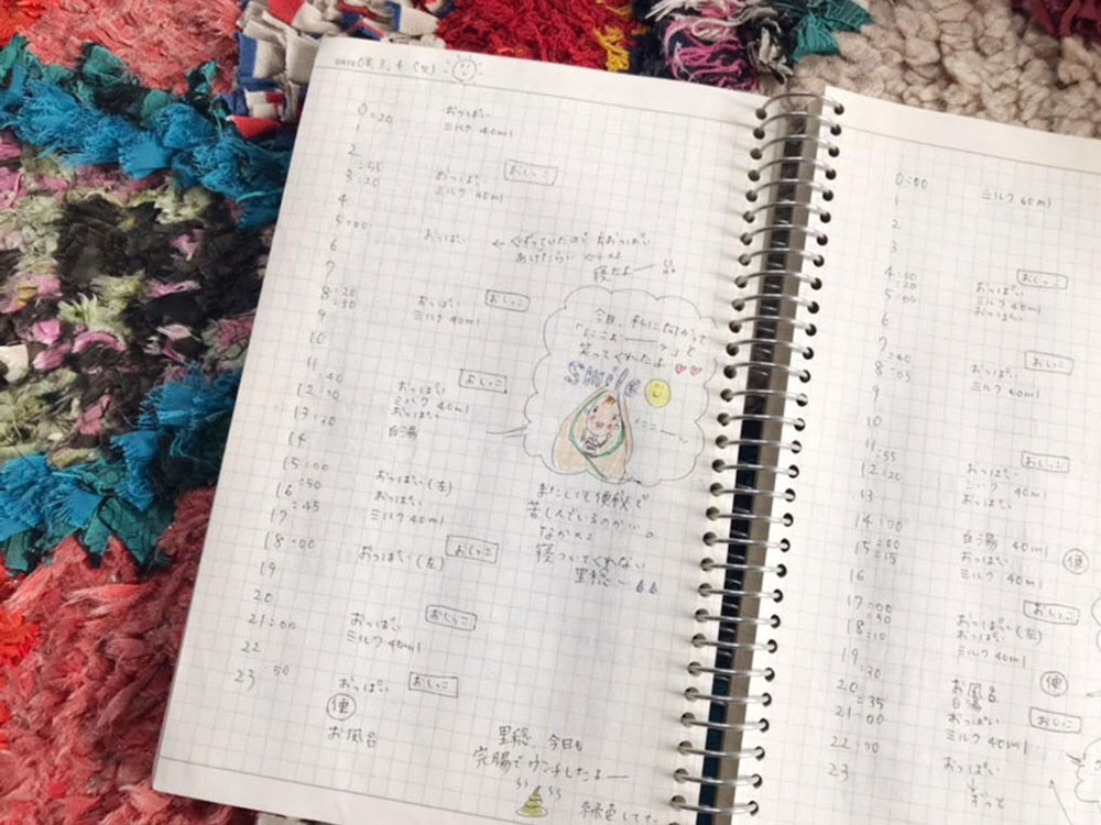 長女の時につけていた育児日記。大雑把な私が、これだけ事細かに日々を記録していたのは今思うと尋常ではなく ギリギリな毎日だったんだなぁと改めて。（2人目以降は妊娠期にちょろっと絵日記を描く程度で終了しています、、、）