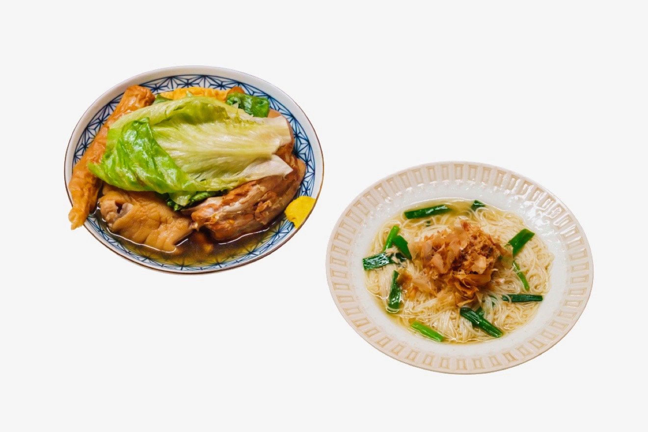 左から、テビチ、ソーキ、レタスがウチナー流「沖縄おでん盛り合わせ」1,540円、かつおだしの煮麺風が新鮮！「ソーメンたしやー」605円。