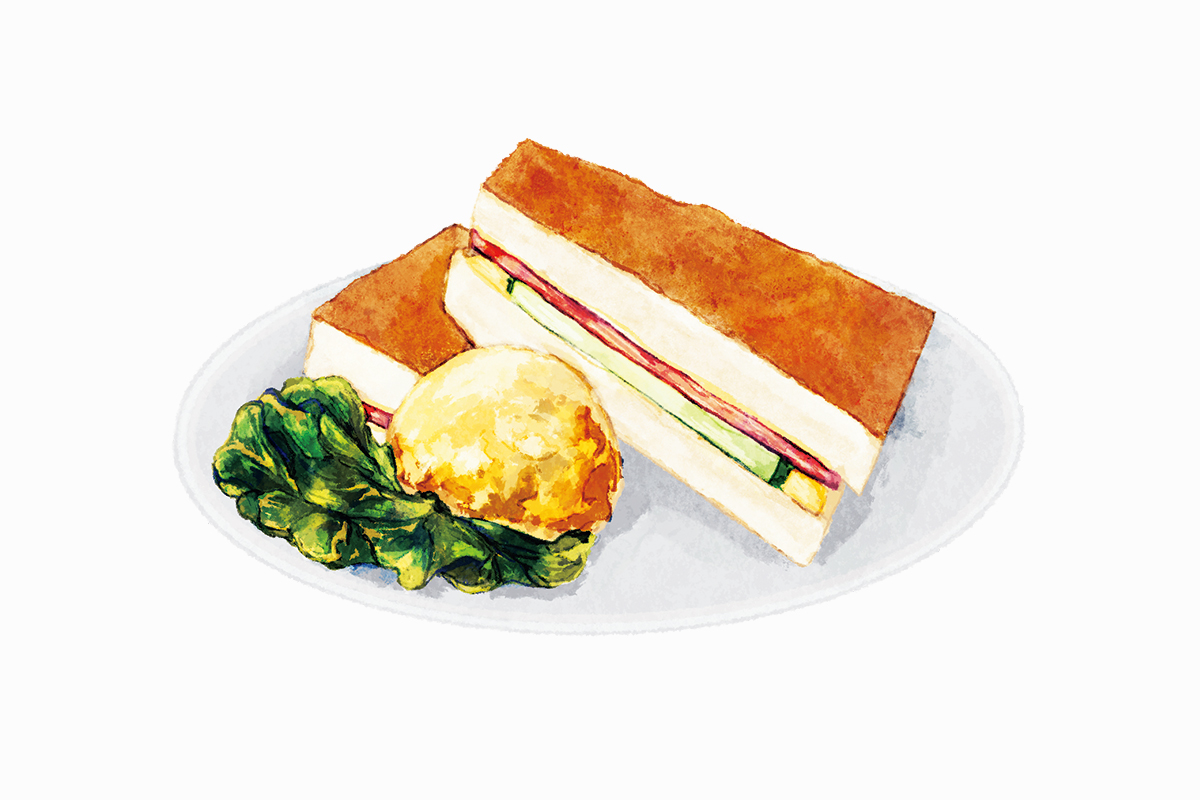 〈 イノダコーヒ本店 〉のハムトースト。マスタードとマヨネーズを塗ったハムトーストはサクッと快い噛み心地。830円。