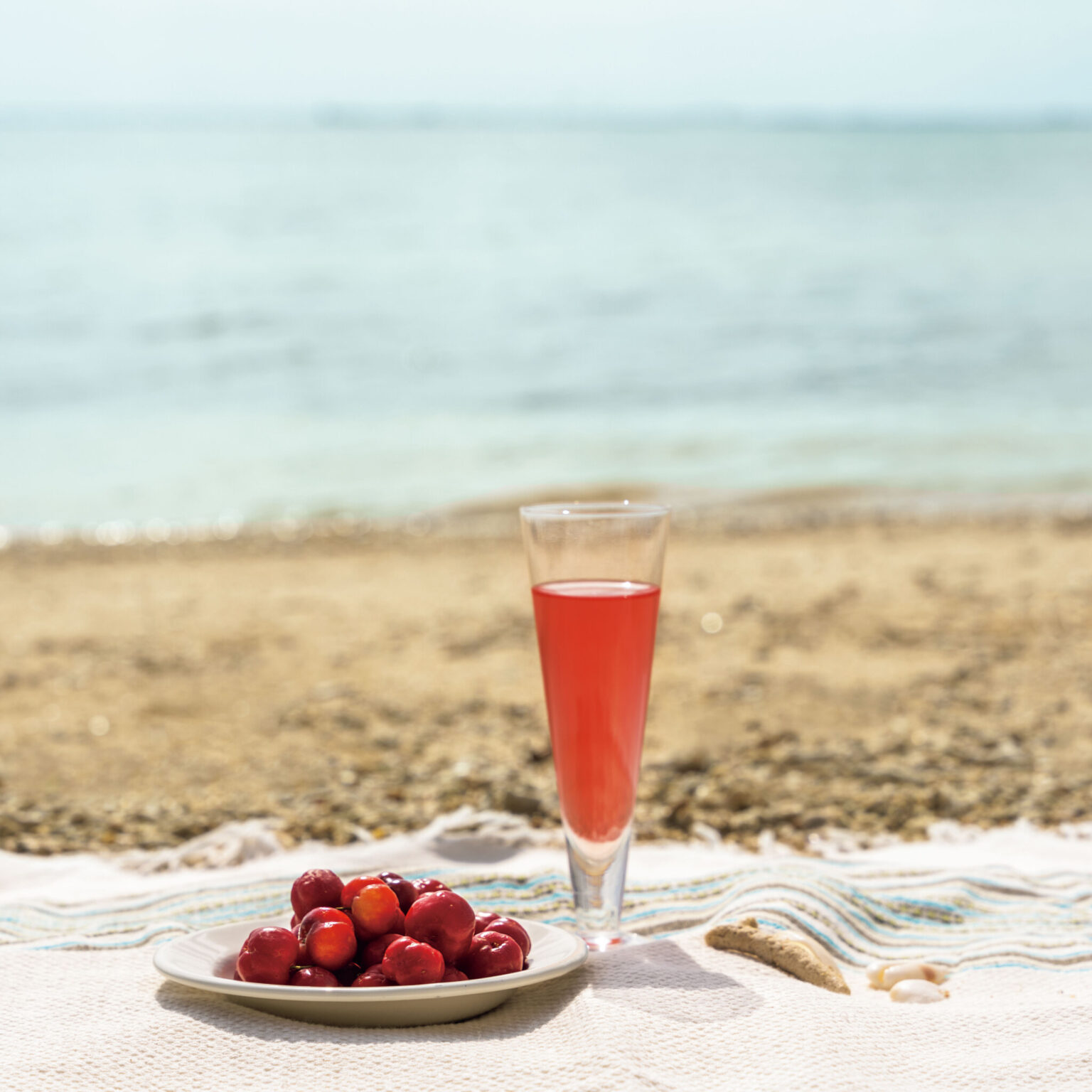 瀬底の浜にシートを広げ、太陽の下でピクニック。すっきりとしたジュースを飲めば、潤いを感じられる。綺麗な赤い色も海に映えていた。