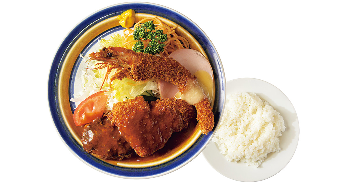 Aセットは、大海老フライ、やわらかハンバーグ、脂身の甘さが際立つとんかつも味わえてボリュームたっぷり。1,850円。