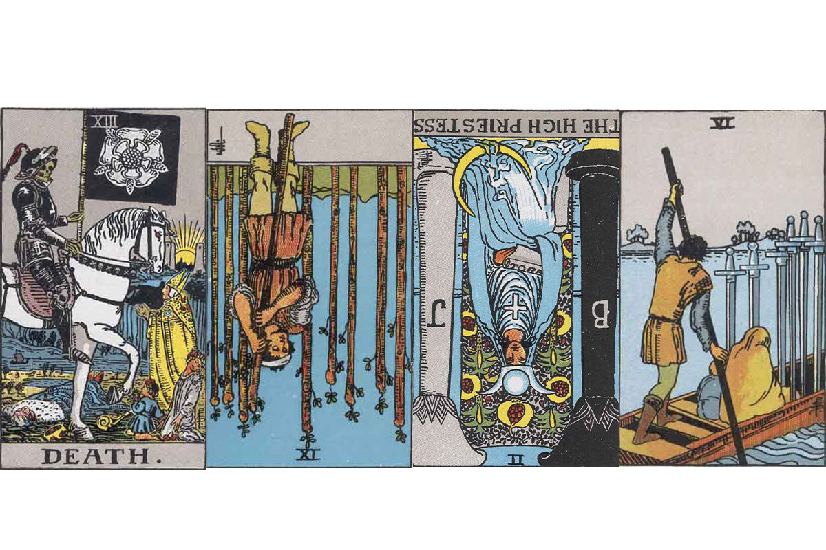 左から：世界、ワンドの9、女教皇、ソードの6のカード