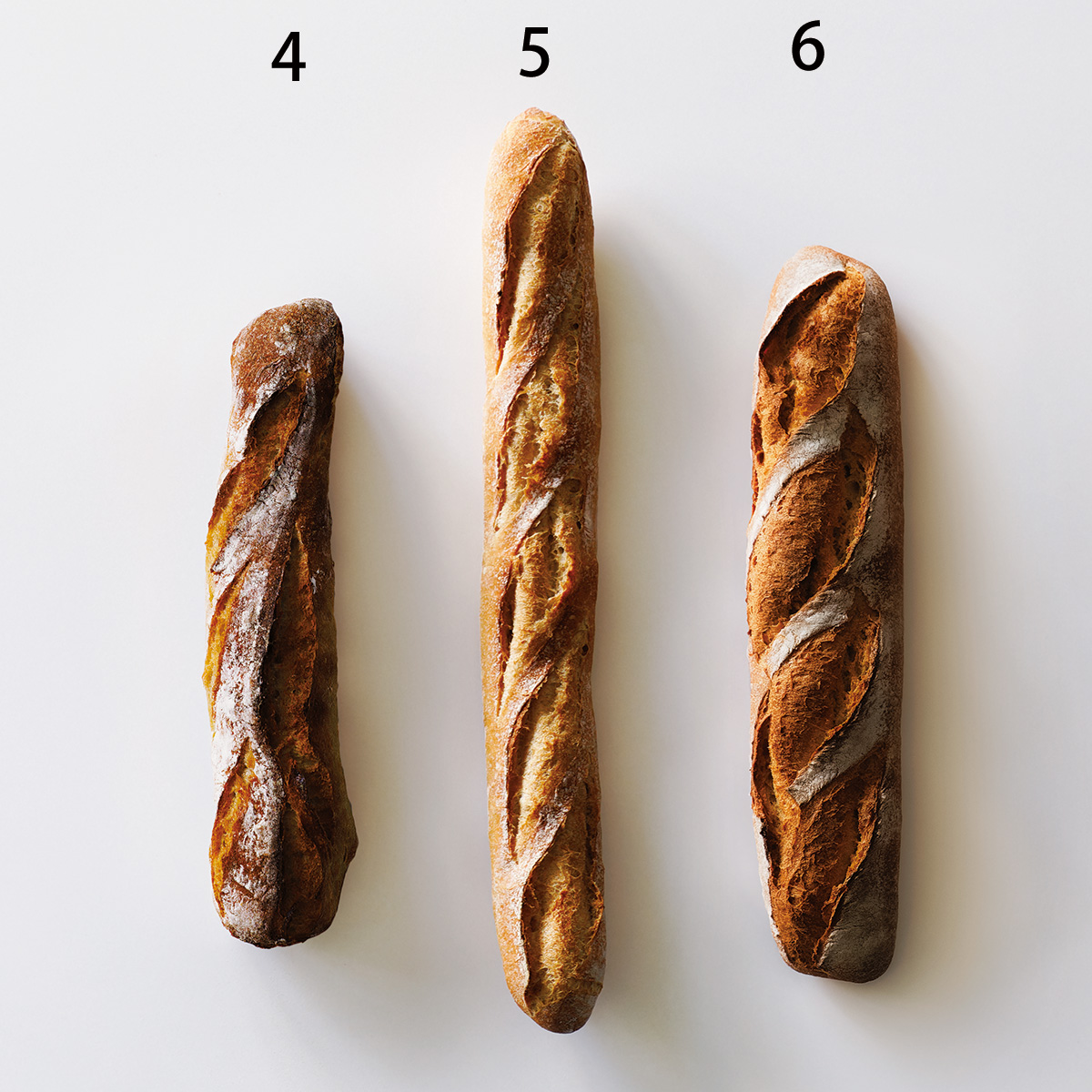 左から4.の「長時間発酵のフランスパン」220円、5.の「バゲットラビット」390円、6.の「石臼バゲット」450円。