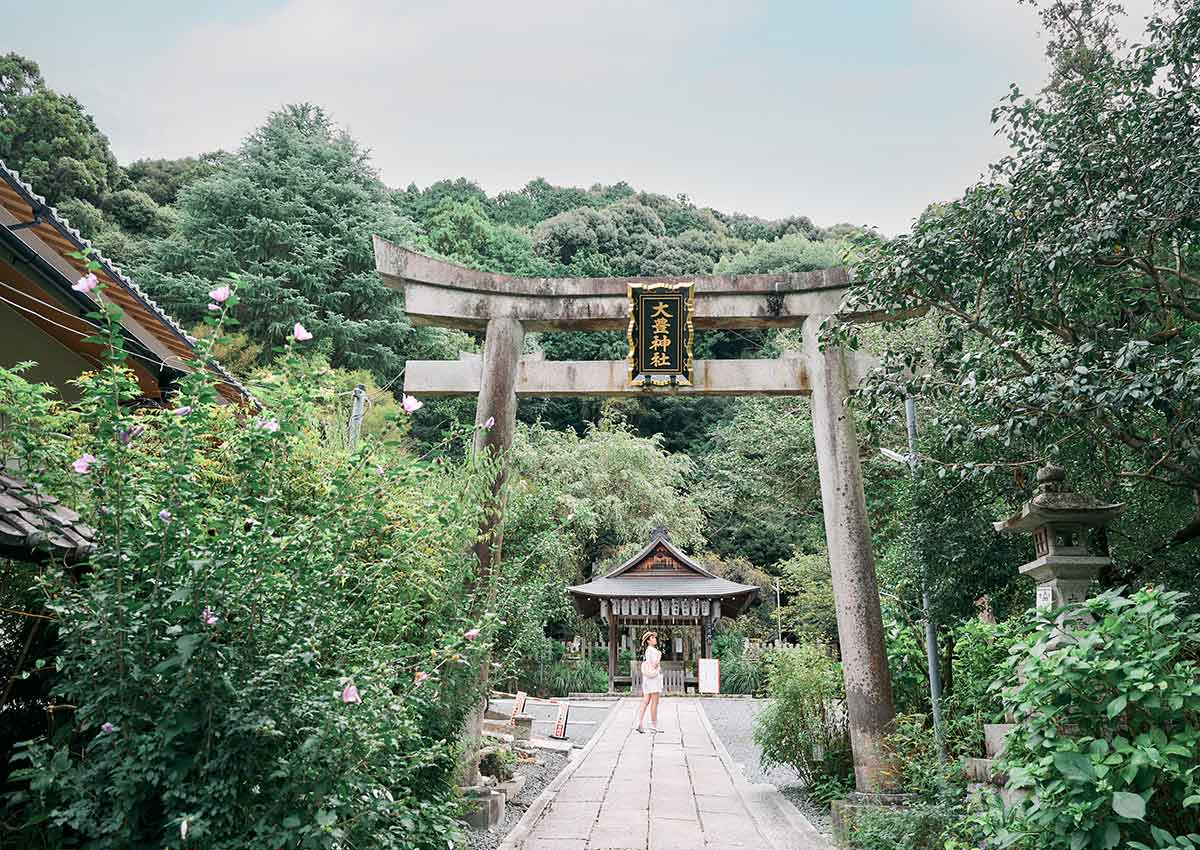 京都・大豊神社の鳥居と本山順子さん