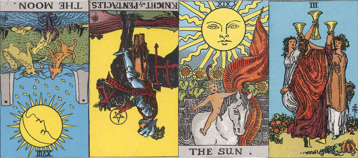 左から：太陽、ペンタクルのナイト、太陽、カップの3