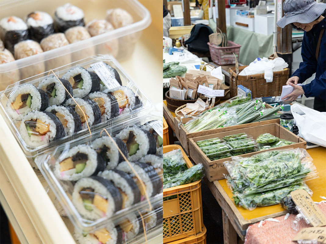 〈里の駅大原〉の駐車場で毎週日曜日の早朝から開催される市。約20軒の出店者が、地元大原のとれたての野菜、ジャムをはじめとする加工品、巻き寿司などを販売する。