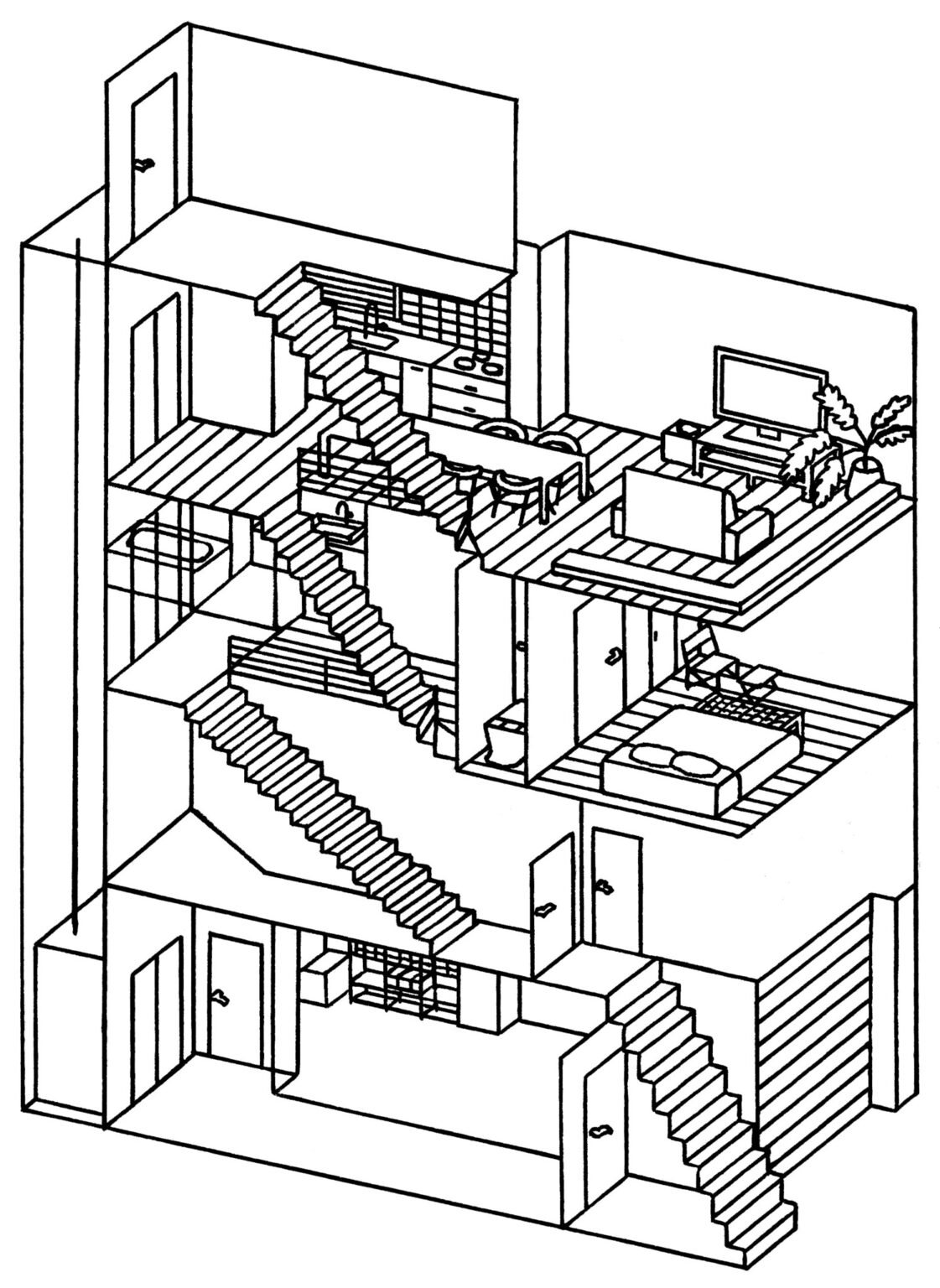 築29年、鉄筋コンクリート4階建て。現在、2階のテナント以外は、大津さん夫妻が使用している。3階に住居の玄関、バスルームと寝室がある。屋上の使い道も考え中。