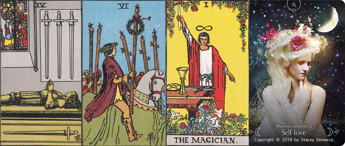 左から：ソードの4、ワンドの6、魔術師、自己愛のカード