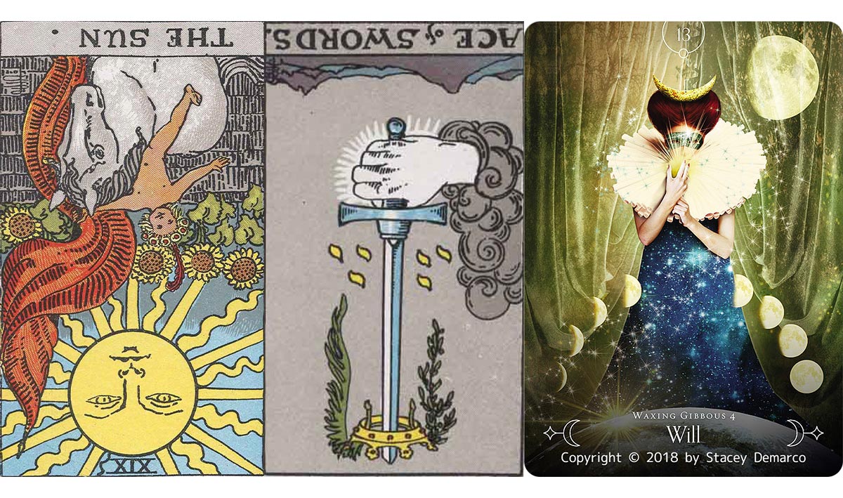 左から：太陽、ソードの1、意志のカード
