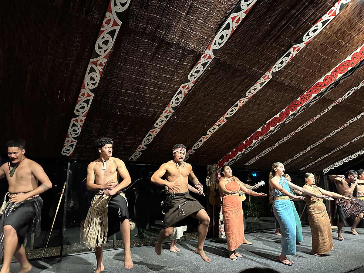 〈Te Pā Tū〉マオリ文化の様々な踊りや歌を披露してくれる。腹の底から湧き出る彼らの歌声、そして激しい踊りは圧巻です。全身からみなぎる命のパワーで、見ているビジターにもエネルギーがみなぎってきます。