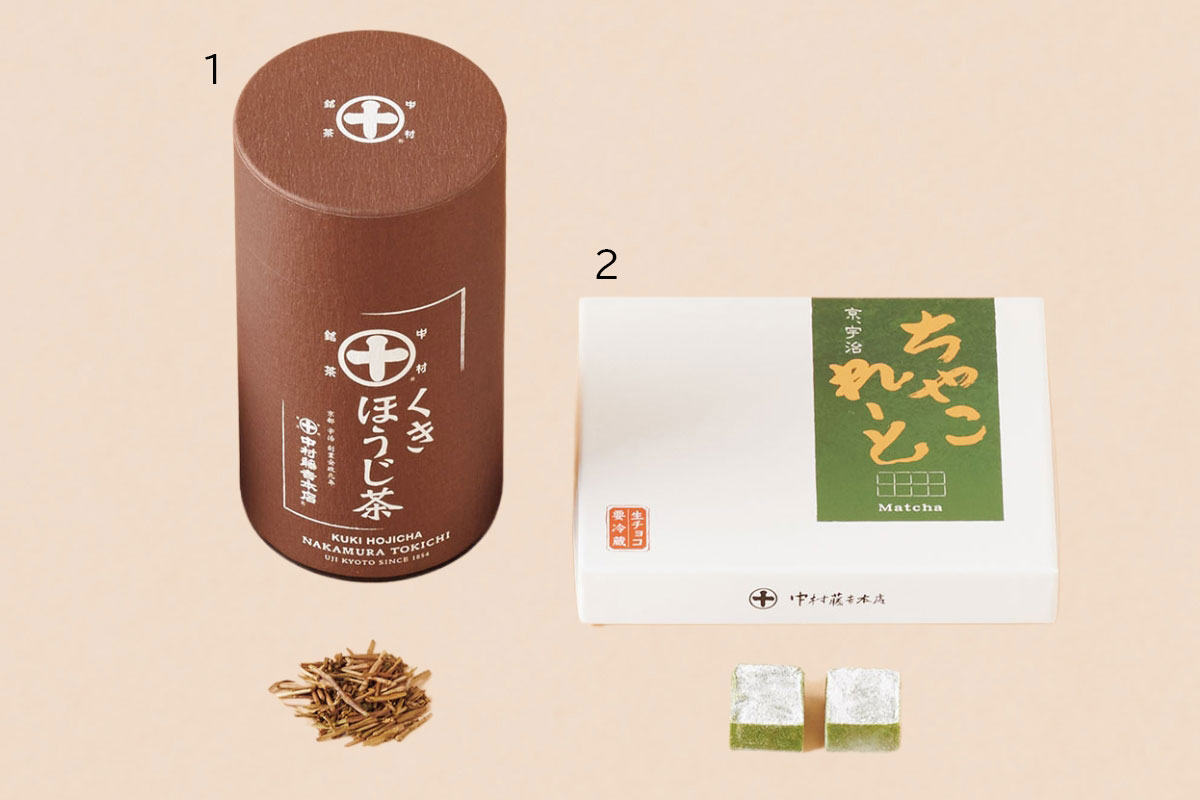 1.こうばしい香りでさっぱり。ゴクゴク飲める「くきほうじ茶」（50ｇ）／¥1,080、2.口いっぱいに抹茶の風味が広がる上質なスイーツ「生ちゃこれーと（抹茶）」／¥1,400