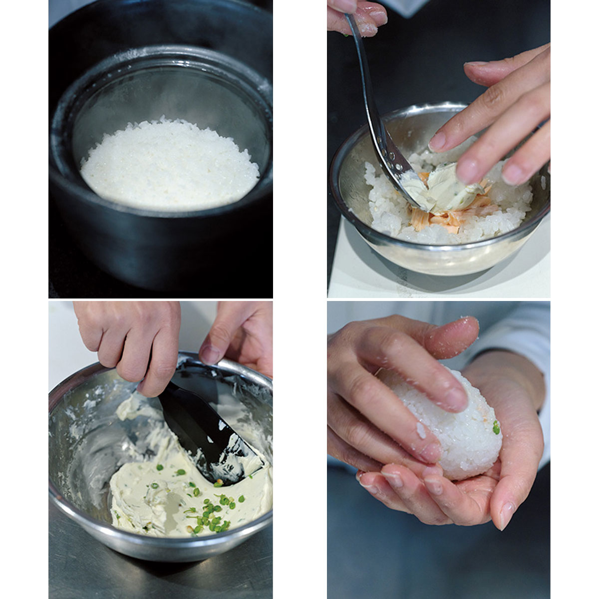 ピカピカに炊けたご飯を100gとり、軽くほぐしたサーモンと、山椒を加えたチーズをのせて、軽く握る。塩と山椒を手にのせて再度握り、片面にも塩をふる。