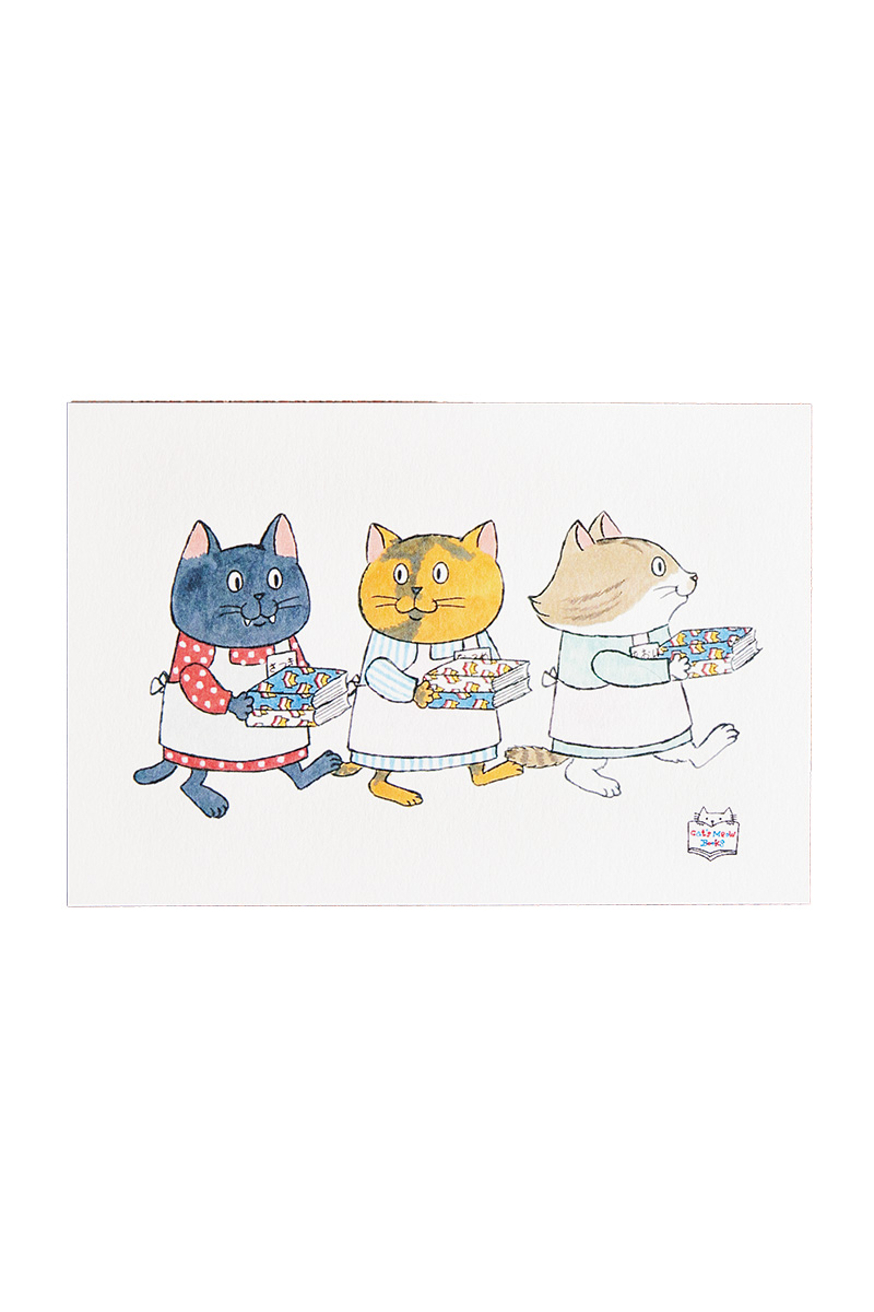 猫店員の3人を絵本作家の古沢たつおさんが描いたポストカード165円。