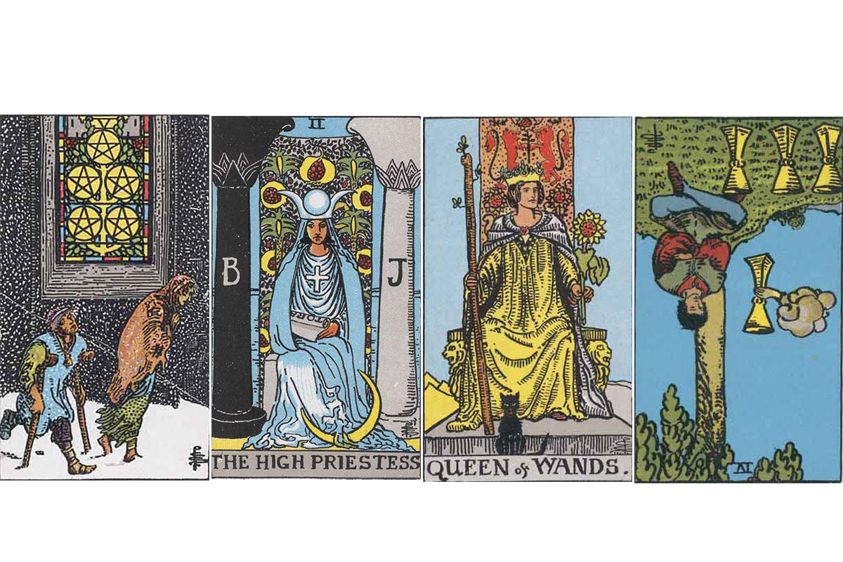 左から：ペンタクルの5、女教皇、ワンドのクイーン、カップの4のカード