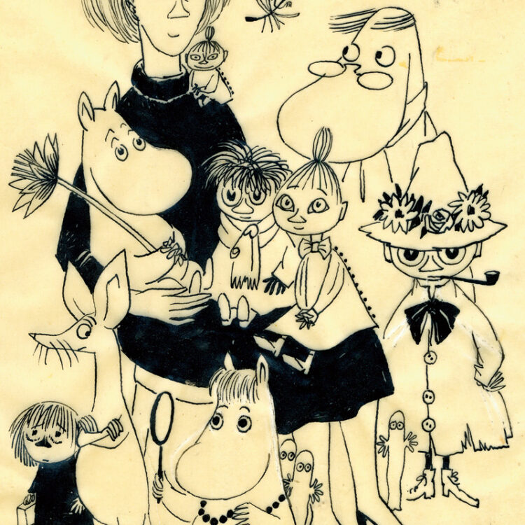 『ムーミン』シリーズは小説からコミックス、絵本、戯曲など20代半ばから60代にかけて生涯を通して創作を続けた。上の絵は、そのムーミン谷の仲間たちと共に描かれた自画像。トーベ・ヤンソン「ムーミンたちとの自画像」1952年 インク、紙 ムーミンキャラクターズコレクション