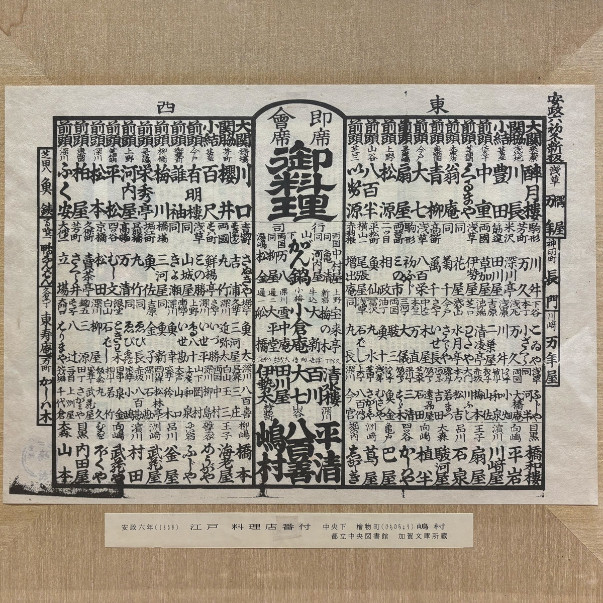 安政時代の繁栄ぶりを物語る大江戸料理番付。
