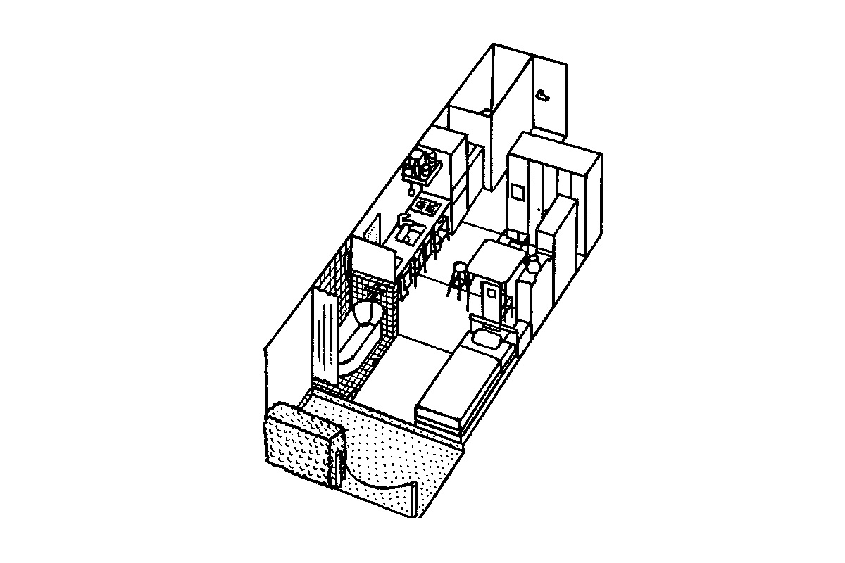 築17年、約10畳のワンルームで、バルコニーも入れて23.5 m<sup/>2 だが不自由はなし。「水回りが片側に集約されているのも使いやすい」そう。岐阜県にある実家と、半々の二拠点生活。